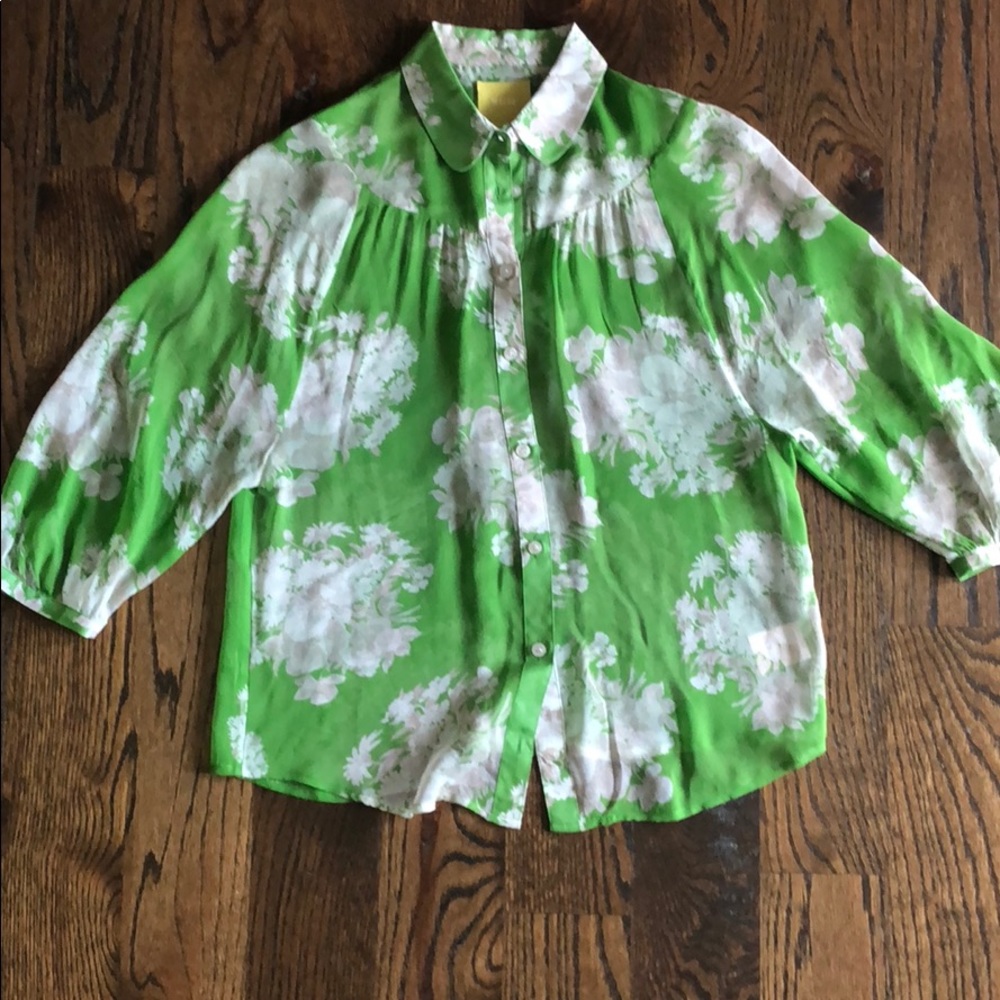 Green floral silk blouse